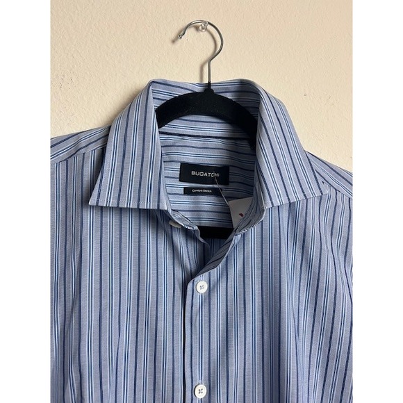Bugatchi Classic Blue Striped Comfort Stretch Dress Shirt Mens Size 15.5 NEW - Picture 1 of 12